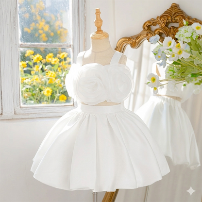 Little Girl's Pink Floral Princess Chiffon Ball Gown Dress with O-Neckline for Birthday Parties