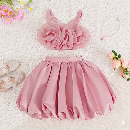 Little Girl's Pink Floral Princess Chiffon Ball Gown Dress with O-Neckline for Birthday Parties