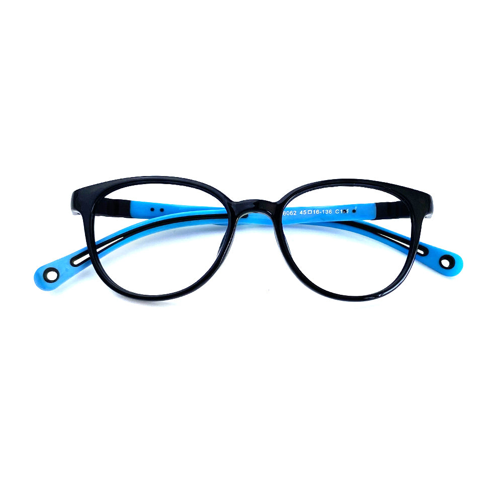 MCROONS Kids Cat-Eye Silicone Glasses in blue, pink, lavender, and light blue with playful flexible frames for boys and girls.