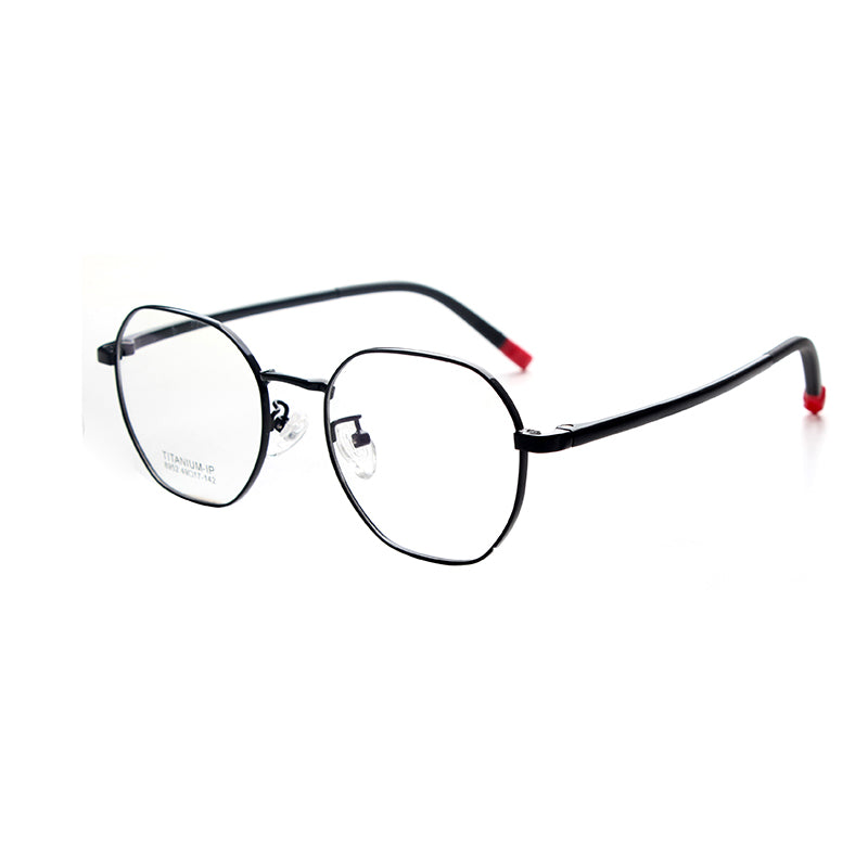 MCROONS kids' black and red geometric eyeglasses with modern angular frames for boys and girls, featuring silver, rose gold, pink, black, and cyan.