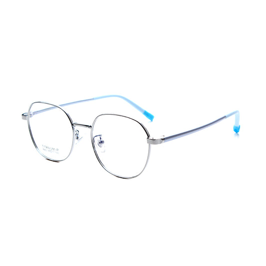 MCROONS kids' geometric pentagon eyeglasses with stainless steel frames in silver, rose gold, pink, and cyan colors.