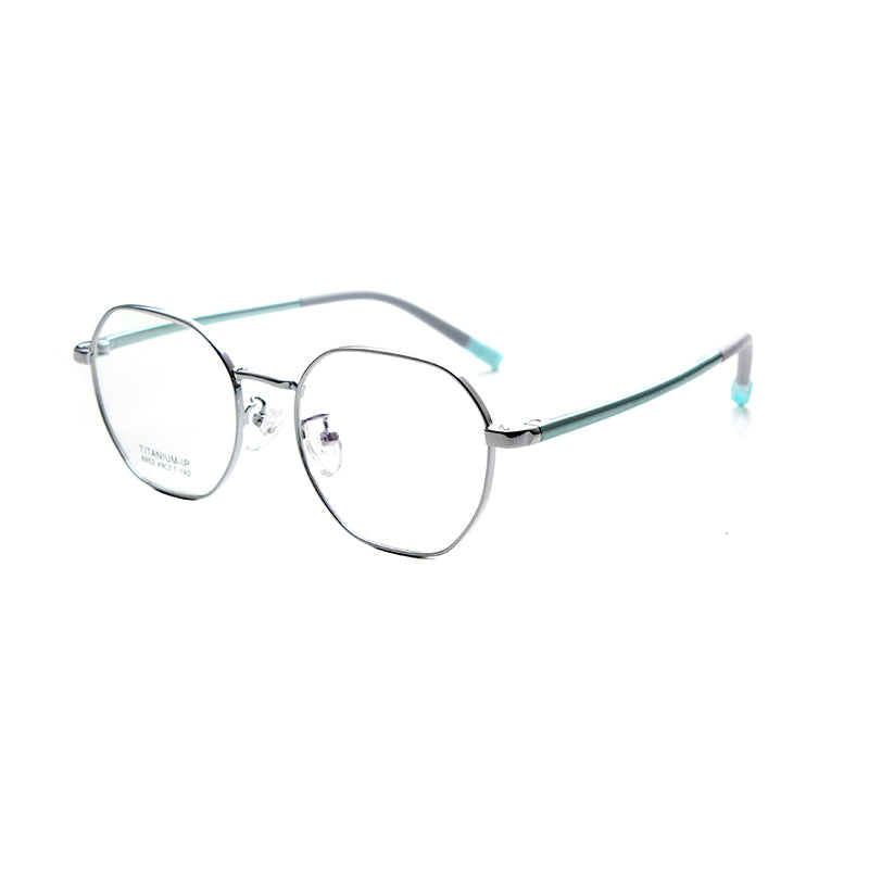 MCROONS kids' black and red geometric eyeglasses with angular modern frames for boys and girls, in silver, rose gold, pink, black, and cyan.