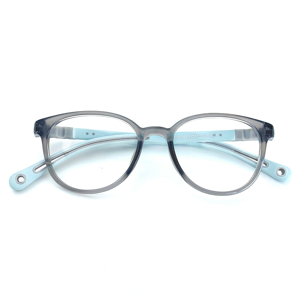 MCROONS Kids Cat-Eye Silicone Glasses in blue, pink, lavender, and light blue with playful flexible frames for boys and girls.