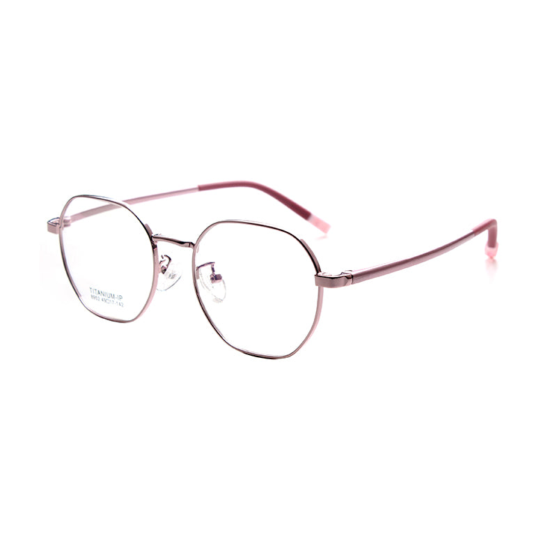 MCROONS kids' black and red geometric eyeglasses with angular modern frames for boys and girls, in silver, rose gold, pink, black, and cyan.