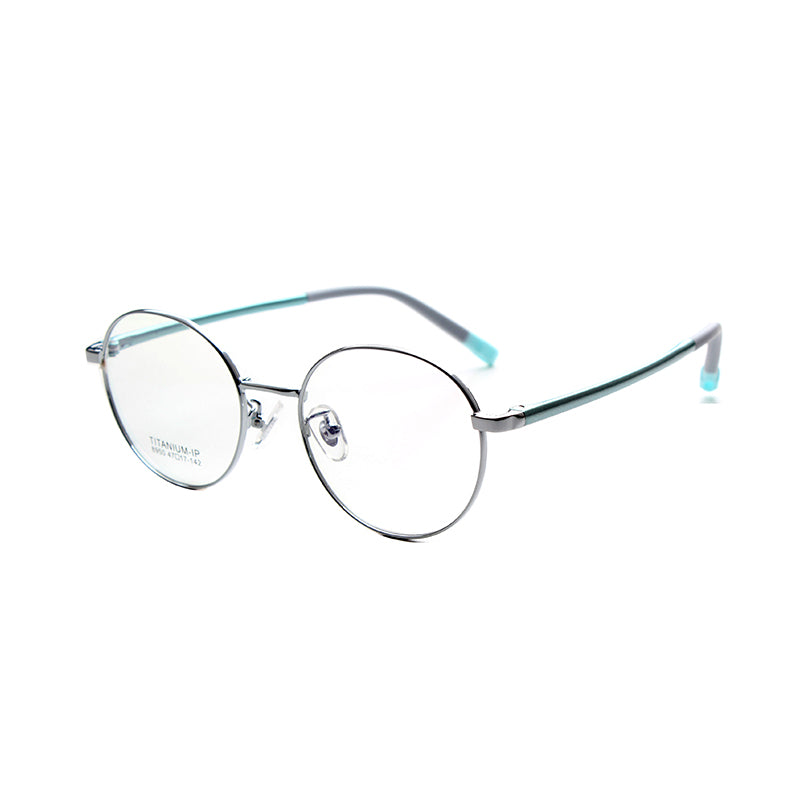 MCROONS kids round metal eyeglasses with silver, rose gold, pink, and cyan frames for boys and girls, stylish and lightweight.
