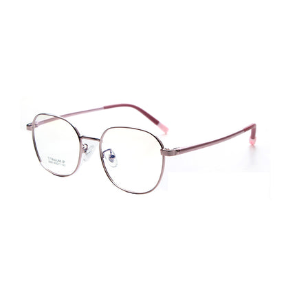 MCROONS kids' geometric wide eyeglasses with stainless steel frames in black, silver, rose gold, cyan, and pink.