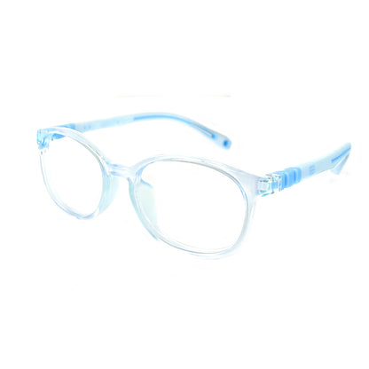 Kids oval silicone eyeglasses by MCROONS in black, blue, teal, pink, and lavender, featuring flexible, comfortable frames for boys and girls.