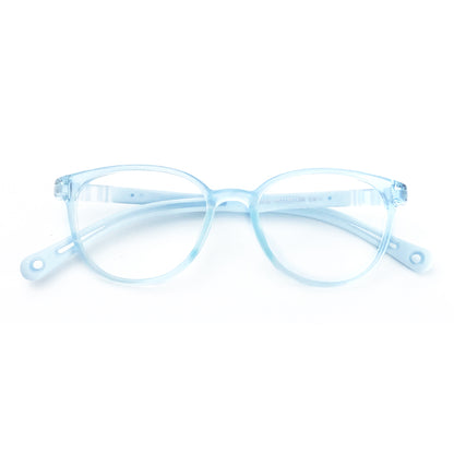 MCROONS kids cat-eye silicone glasses with colorful, flexible frames in blue, pink, lavender, and light blue for boys and girls.